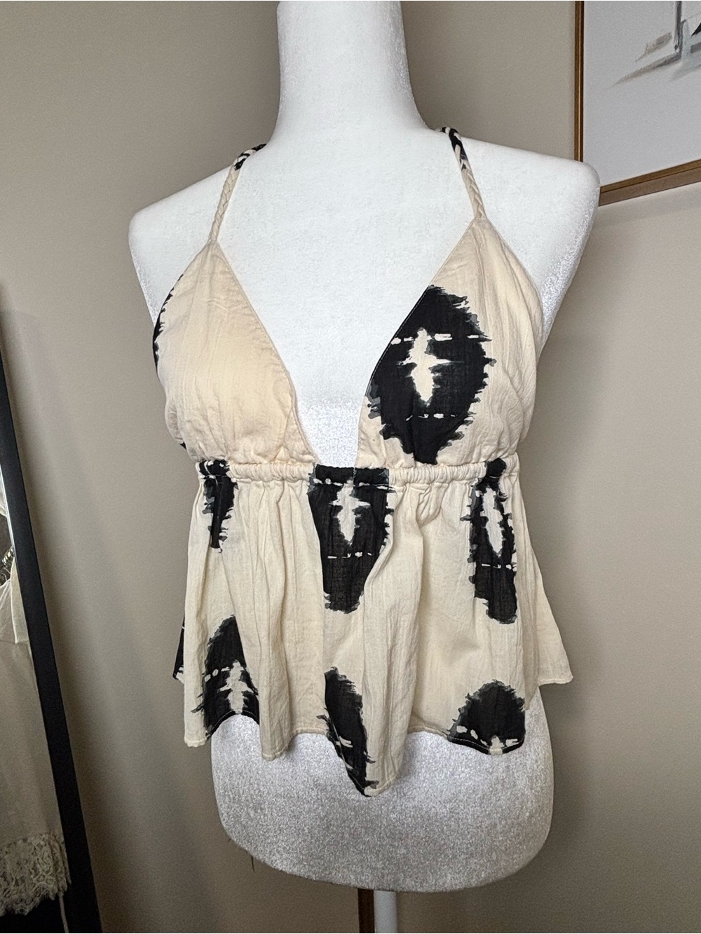 Zara Cream Black Abstract Print Braided Halter Babydoll Top large